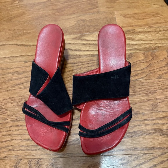 Stephane Kelian Red Black Suede Strap Slip On Wedge‎ Sandals Minimalist Shoes - Picture 2 of 12